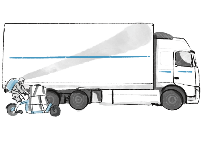 Blue and white illustration of a lorry with a cyclist delivering parcels cycling alongside