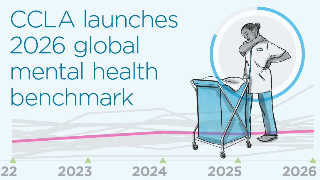 Blue and white illustration of a hospital worker with a sore back pushing a trolley